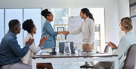 Image showing Business handshake, black woman deal and office training with success and clapping from crowd. Management, conference room and sales team working on a speaker coaching on innovation strategy