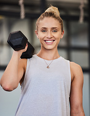 Image showing Happy woman, dumbbell and portrait of a athlete with a smile ready for training, exercise and workout. Sports gym, happiness and young person bodybuilder in a health, wellness and sport center