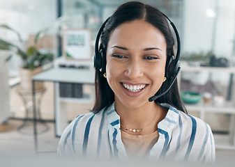 Image showing Call center, black woman and business pc conversation at a computer working on support call. Telemarketing, company networking and contact us consultant on a digital consultation for tech help