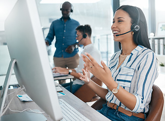 Image showing Call center, talking and business conversation of consulting black woman at a computer for a call. Telemarketing, company networking and contact us consultant on a digital consultation for tech help