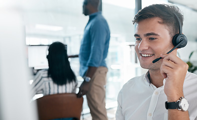 Image showing Call center worker, call and crm business man conversation at a computer working on support call. Telemarketing, company networking and contact us consultant on a digital consultation for tech help