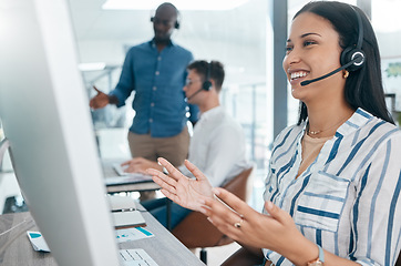 Image showing Crm, woman discussion and call center business call conversation at a computer working. Telemarketing worker, company networking and happy contact us worker on a digital consultation for tech help