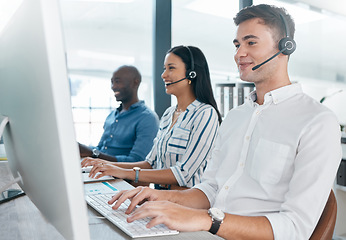 Image showing Call center, agent and telemarketing company, team and teamwork in an office or workplace working together. Contact us, customer service and consultant or people in collaboration happy with their job
