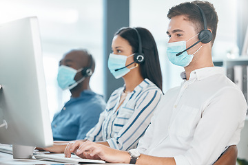 Image showing Covid, health and call center employees with face mask, safety and protection against virus with job healthcare compliance. Customer service, CRM and contact us with phone call, corona and diversity