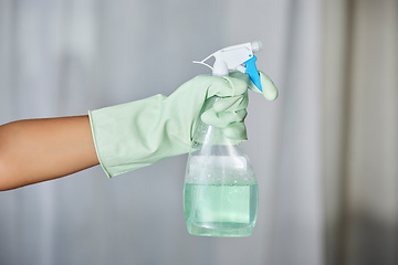 Image showing Spray bottle, detergent and maid with gloves for cleaning in a house, office or apartment. Hygiene, cleaner service and hand of a housekeeper with liquid for housework or sanitize dust, dirt or germs