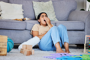 Image showing Cleaner woman tired from house work, yawning and relax on floor with cleaning, housekeeping or hospitality. Burnout, fatigue and exhausted housekeeper, dust and disinfection with overworked maid