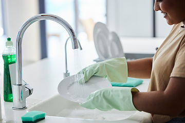 Image showing Dishes, cleaning and woman doing housework in the morning, working and routine process in the kitchen. Happy, clean and cleaner washing a plate for preparation, freshness and hygiene in a home