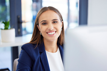 Image showing Woman, office portrait and smile at computer for success, fintech and motivation in finance business. Happy financial advisor, pc and focus for happiness, excited face and planning for professional