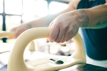 Image showing Balance beam, gymnast hands and zoom of gymnastics athlete ready for a performance in a gym. Sports, exercise and wellness of a person in a training, workout and fitness center for gymnastic routine