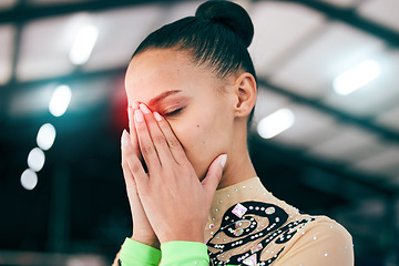 Image showing Woman, red or headache glow in fitness, workout or training for gymnastics and pain, burnout or anatomy crisis. Gymnast, hands or athlete stress injury with creative abstract, broken nose or accident