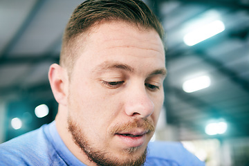 Image showing Face, gym and a man thinking about fitness, exercise and training for a healthy lifestyle and mind. Sports person think about workout goals, progress and growth for motivation, self care and to relax