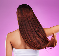 Image showing Back of woman, hair and color in studio with extension, beauty or salon shampoo. Behind long hairstyle, cosmetics and shine for growth, aesthetic wellness and clean skincare, healthy textures or glow