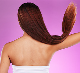 Image showing Back, woman and hair motion in studio with color dye, beauty and salon shampoo. Behind long hairstyle, cosmetics and clean textures of model for shine, growth and aesthetic wellness of healthy scalp