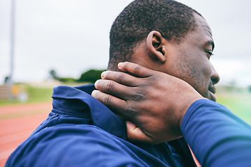 Image showing Black man, neck pain and injury after exercise, workout or training accident at stadium. Winter sports, fitness and male athlete with fibromyalgia, inflammation and painful muscles after running.