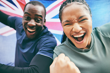 Image showing Fitness, celebration and British athlete or people winning in the UK excited, confident and happy for a competition. Champion, man and woman with motivation and energy as a team, teamwork and united