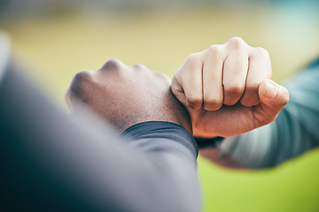 Image showing Hands, fist bump and sports teamwork for motivation, collaboration and success. Team building, support and people, man and woman together for workout, training targets and exercise goals outdoors.