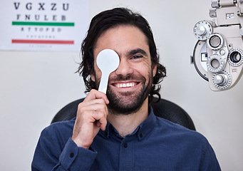 Image showing Man, portrait or covering eyes in test for medical glasses, prescription lens or glaucoma disease detection. Smile, happy or optometry patient in exam, ophthalmologist consult or healthcare wellness