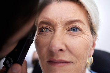 Image showing Woman, face and eye exam lamp for medical glasses, prescription lens or mature glaucoma disease. Zoom, optician and optometry patient in test, ophthalmologist consulting or healthcare wellness vision