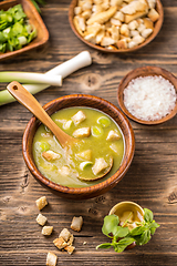 Image showing A bowl of leek and potato soup