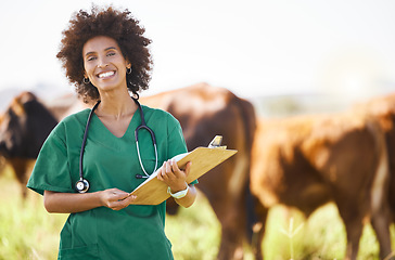 Image showing Vet doctor or black woman with cattle farming, agriculture or food industry for healthcare check, inspection and portrait. Professional african person or animal expert with cow paperwork or checklist