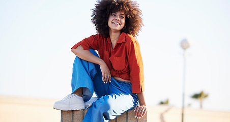 Image showing Fashion, travel and happy with black woman in city for freedom, youth and urban lifestyle. Relax, motivation and happiness with face of girl laughing in outdoor for creative, summer and celebration