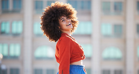 Image showing Fashion, happy and smile with black woman in city for freedom, youth and urban lifestyle. Relax, motivation and happiness with face of girl laughing in outdoor for peace, summer and wellness