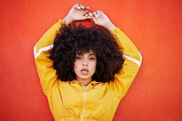 Image showing Portrait, fierce and black woman with attitude, power and empowerment with afro on studio background. Face, African American female creative and lady with confidence, casual outfit and motivation