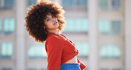 Image showing Street fashion, portrait of black woman with afro, urban gen z in trendy style and attitude in summer weekend. Beauty, city lifestyle and funky girl with serious face and hip hop streetwear in Brazil