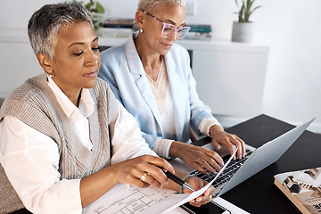 Image showing Blueprint, collaboration and women planning on laptop, paperwork and property engineering. Project management, designer teamwork and floor plan for construction, architecture logistics and innovation