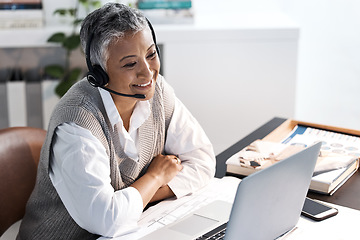 Image showing Call center, laptop and consulting with business woman talking for telemarketing, customer service or contact us. Trust, sales and online meeting with senior employee for virtual, planning or digital