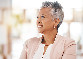 Image showing Senior business woman, face and smile thinking or wondering with vision for corporate success at office. Happy elderly female CEO smiling in wonder or contemplating company idea or goals at workplace
