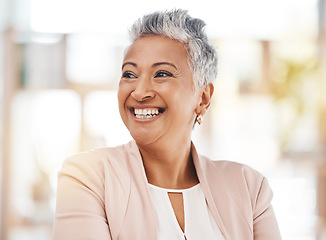 Image showing Business, old woman and manager with smile, thinking and ideas for new project, startup and opportunity. Corporate, female leader and entrepreneur with happiness, confidence and growth with mockup