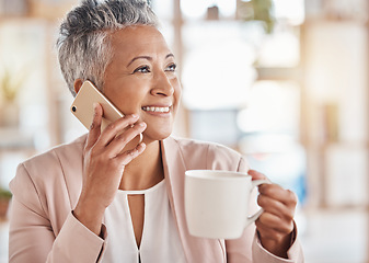 Image showing Senior woman, phone call and coffee with smile for communication, conversation or discussion at the office. Elderly female on smartphone smiling with cup talking about business idea or networking