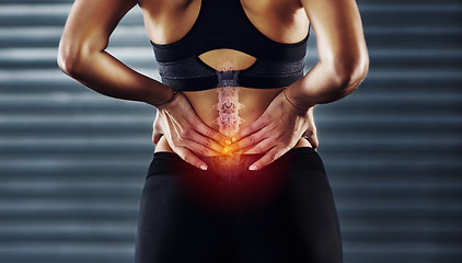 Image showing Woman with back pain, sport injury and fitness, spine x ray and anatomy with red overlay, medical problem and health. Healthcare emergency, inflammation and muscle tension with exercise in gym