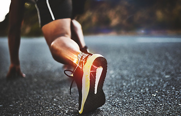 Image showing Start, race and legs of a man running on a street for fitness, cardio and exercise in Brazil. Sports, training and athlete runner ready for a competition, marathon or sport workout on the road