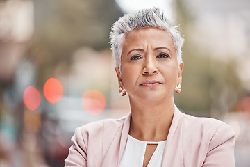 Image showing Portrait, business and old woman outdoor, serious and confident leader, urban and skills. Face, female manager and entrepreneur outside, assertive and plan for sales growth, ceo in city and formal