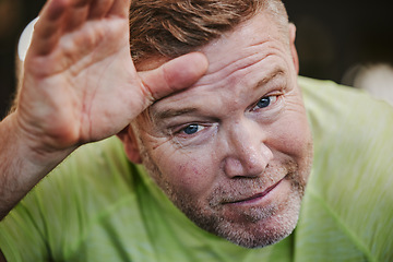 Image showing Sweat, portrait and old man tired, training or workout for health, fitness or wellness with fatigue. Face, senior citizen or mature male athlete sweating after exercise, practice or healthy lifestyle