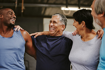 Image showing Senior people, fitness group and support for training, workout and exercise community or club in gym. Laugh, black people and elderly diversity friends with sports wellness hug together for teamwork