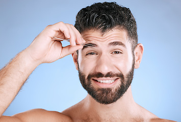 Image showing Eyebrow, beauty and hair removal with portrait of man and tweezers for grooming, skincare and maintenance. Hygiene, cosmetics and self care with face of model shaping facial growth for treatment