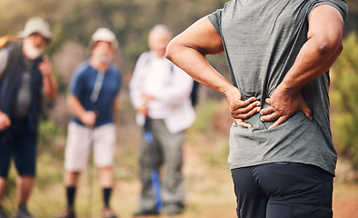 Image showing Man with back pain, exercise injury and outdoor hiking, spine and health, muscle tension and fitness in nature. Medical emergency, mockup space and active lifestyle, inflammation with fibromyalgia