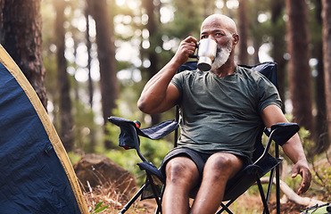 Image showing Camping, hiking and coffee with a senior black man in the forest enjoying a drink during retirement. Nature, relax and wellness with an elderly male drinking a beverage in the woods on a hike