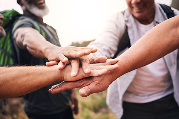 Image showing Hiking, sports and hands of people stack for support, motivation and fitness in outdoor forest. Teamwork, diversity and group of hikers for exercise, trekking and cardio workout in woods for wellness