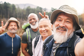 Image showing Hiking, selfie and friends portrait with peace sign while taking pictures for happy memory in nature. V gesture, face exercise and group of senior men take photo for social media after trekking hike.