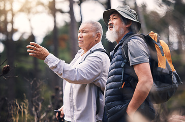 Image showing Looking, pointing and mature men in nature for hiking, retirement travel and backpacking in Nepal. Walking, adventure and senior friends on a search while bird watching in the mountains on a walk