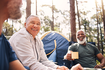 Image showing Camping, trekking and senior men in the mountains for retirement travel and bonding in Switzerland. Relax, laughing and elderly friends speaking while on a camp for an adventure and holiday in nature