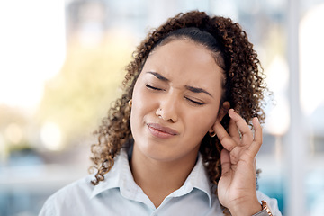 Image showing Earache, injury and woman with a hearing problem from noice, loud music and deaf. Stress, pain and business employee with tinnitus, pressure from sound and infection in the ear in the workplace