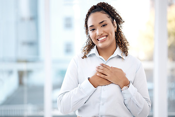 Image showing Black woman, business and happy portrait with hands on chest for care, kindness and love for charity. Face of person with smile and emoji for heart, thank you and gratitude or trust and hope mockup