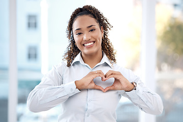 Image showing Black woman, hands and portrait with heart emoji for love, charity and support with a happy smile. Face of business person with shape for care, valentines day and hope or sign for review and feedback