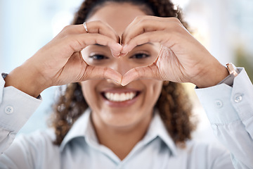 Image showing Portrait, hands and heart with woman, smile and joyful for growth, peace and cheerful for development. Female, girl and sign for love, happiness and global support for health, wellness and humanity