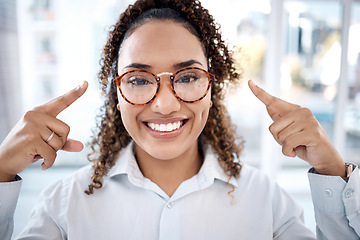 Image showing Black woman, face and glasses for eye care, vision and designer frame, prescription lens and optometry. Portrait, fashion eyewear and ophthalmology, health for eyes for wellness and happy with choice